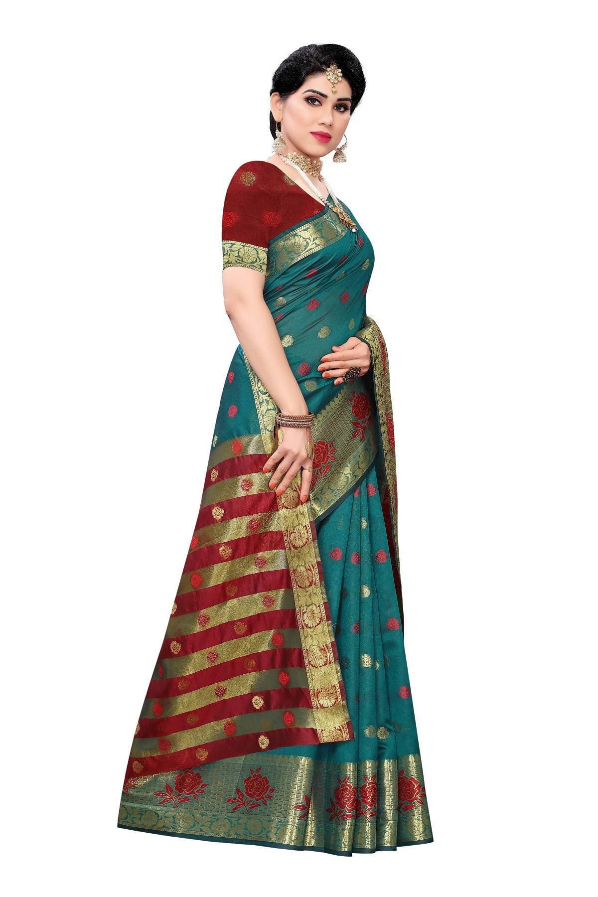 Vamika Banarasi Jaquard Rama Green Weaving Saree | Swadesiicart