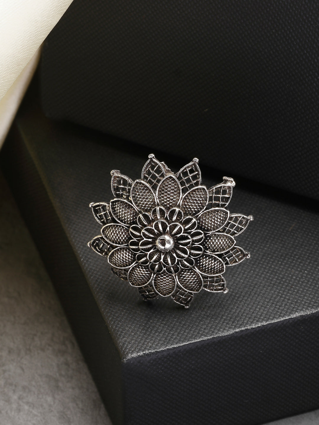 NVR Women's Silver-Toned Floral Shape Adjustable Finger Ring | Swadesiicart