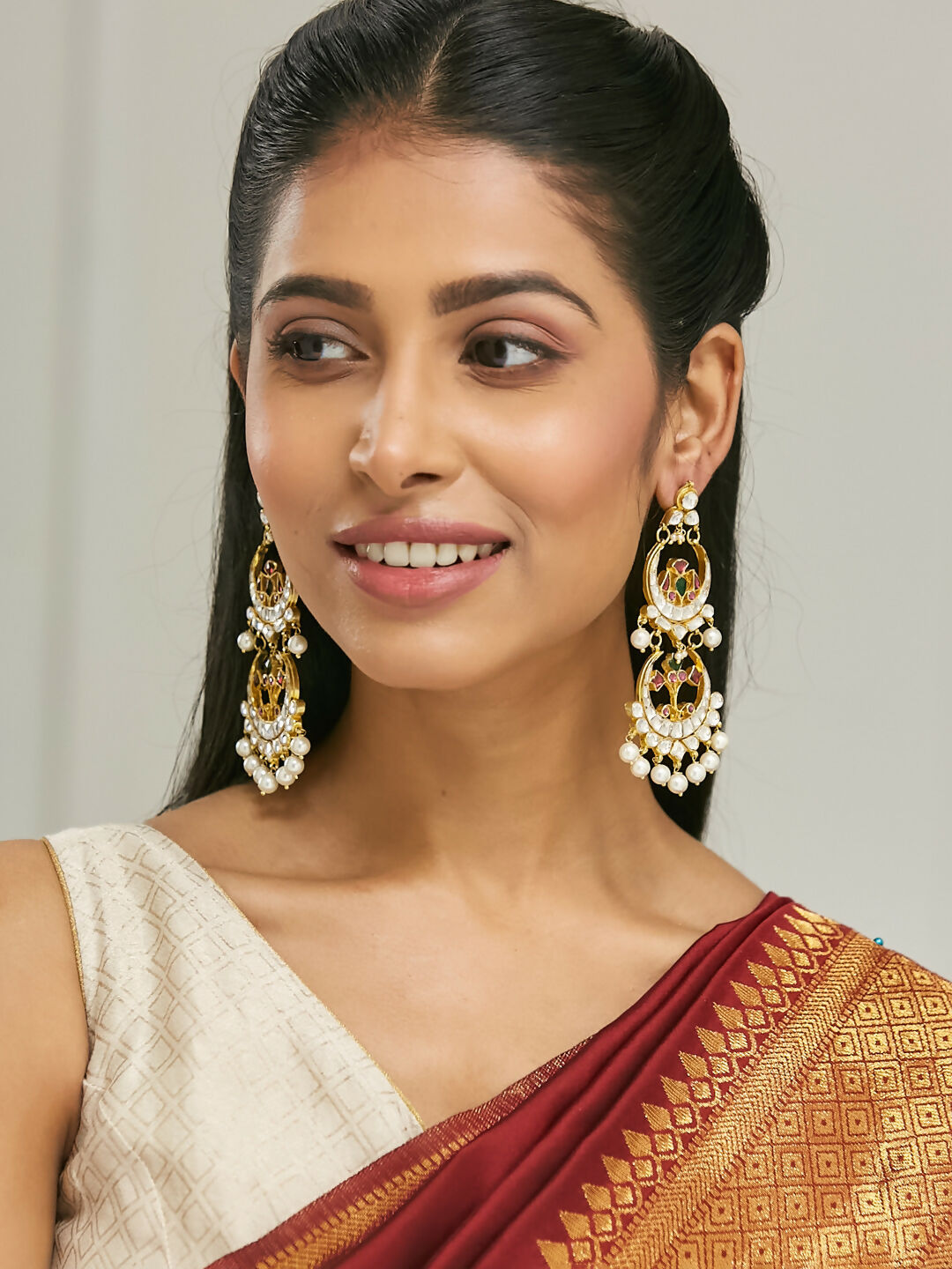 Nuyug 22K Gold-Plated Kundan Studded & Pearl Beaded Layered Chandbalis | Swadesiicart