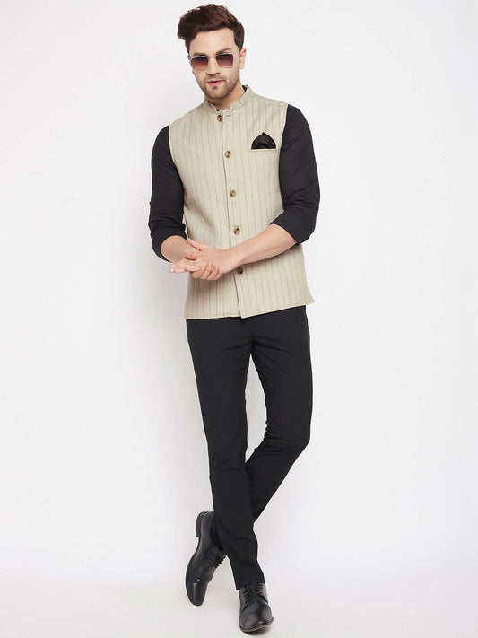 Even Apparels Beige Linen Blend Men Woven Nehru Jacket | Swadesiicart