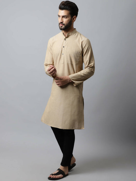 Even Apparels Beige Color Pure Cotton Men's Kurta With Band Collar (SLD1196) | Swadesiicart