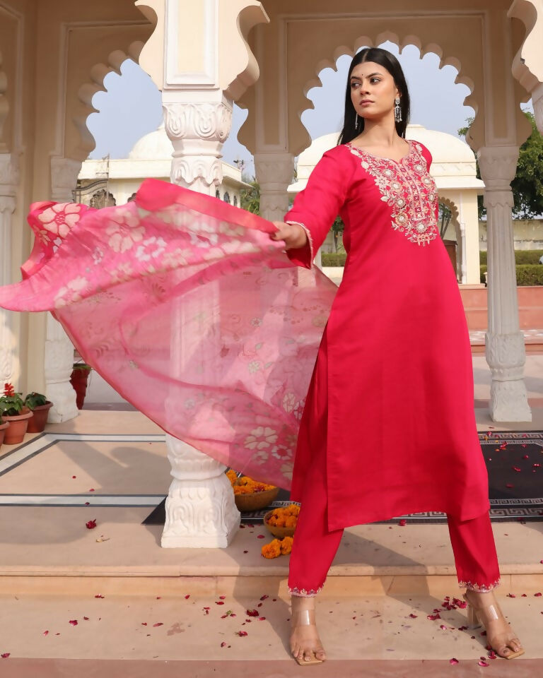 Jyoti Fashion Women's Pink Cotton Silk Hand Work with Floral Printed Kurta Set | Swadesiicart