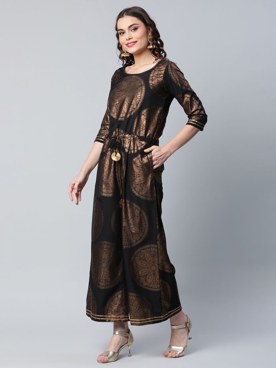 Ahalyaa Womens Black Crepe Copper Foil Printed Jumpsuit | Swadesiicart