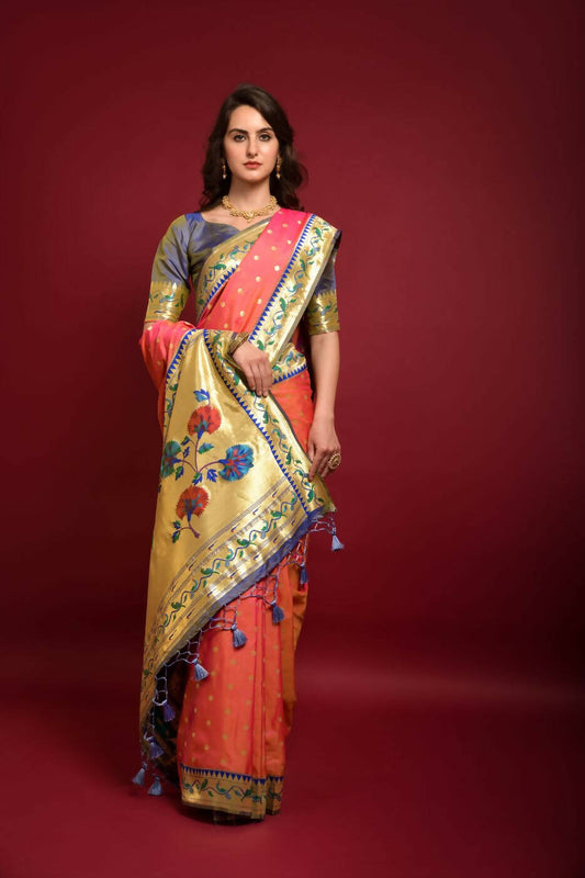 Vishnu Weaves Women's Pink Paithani Silk Zari Woven Saree with Unstitched Blouse - Swadesiicart