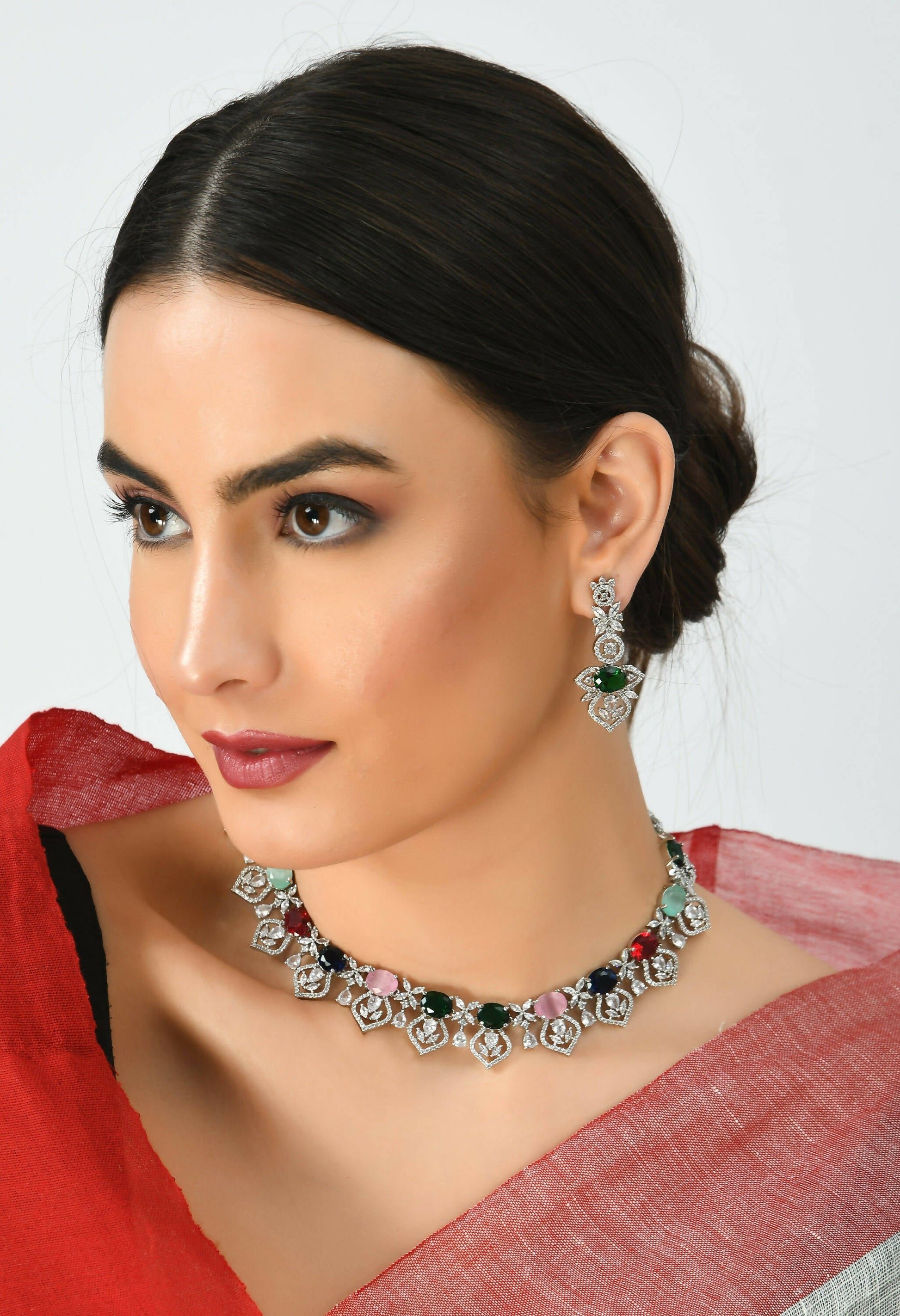 Mominos Fashion Johar Kamal Silver-Plated American Diamond Multi Colour Choker Set | Swadesiicart