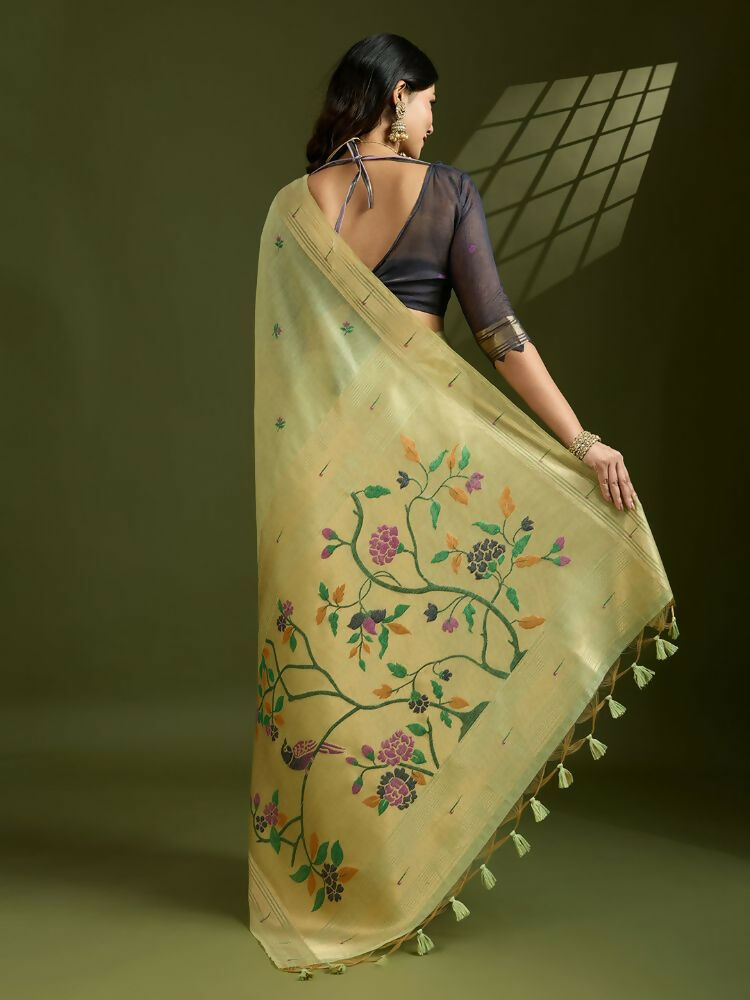 Vishnu Weaves Women's Pista Muga Cotton Thread Woven Butti with Blouse - Swadesiicart
