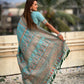 Blue Pashmina Silk Wevon Kashmiri Meenakari Designer Saree with Unstitched Blouse - Vandini