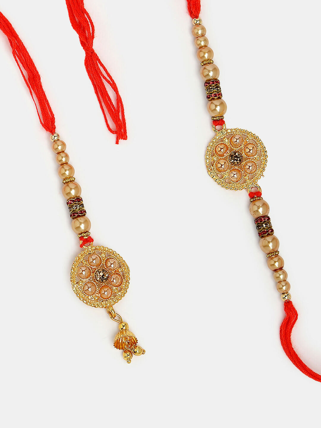 NVR Women & Men Set of 2 Gold-Toned Stone-Studded & Beaded Bhaiya Bhabi Rakhi With Roli Chawal | Swadesiicart