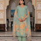 Vaasva Women Teal Green Tabby Slik Print & Embroidered Kurta, Pant & Dupatta set | Swadesiicart