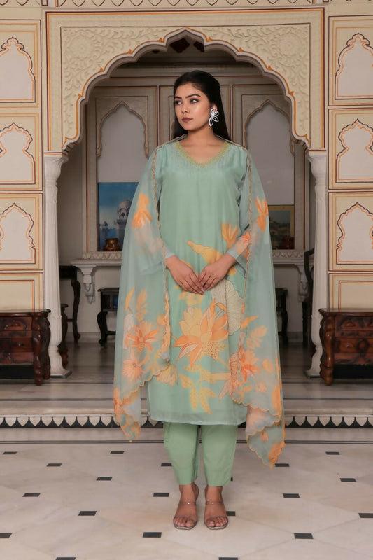 Vaasva Women Teal Green Tabby Slik Print & Embroidered Kurta, Pant & Dupatta set | Swadesiicart