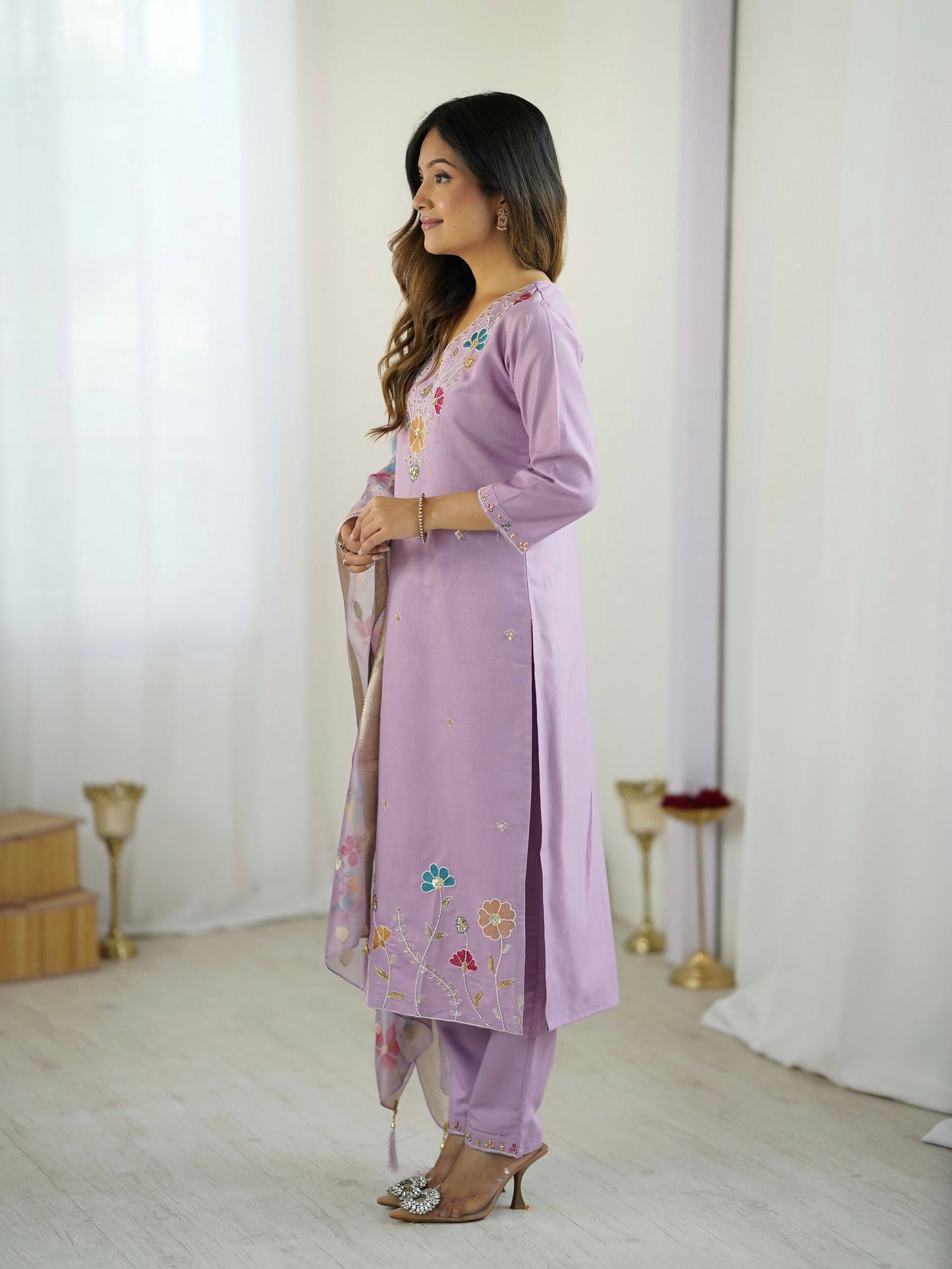 The52 Lavender Women's Gorgeous Embroidered work Viscose Gadhwal Fabric Straight Kurta, Pant and Dupatta Set - Swadesiicart