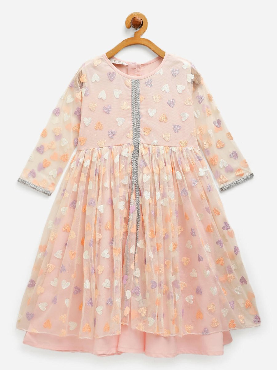 Ahalyaa Pink Net Glitter Print kids Dress For Girls | Swadesiicart