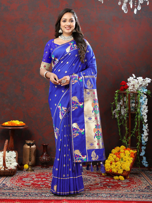 Lorenvalley Fashion Blue Soft Paithani Silk Woven Design Gold Zari Meenakari Weaving Saree - Swadesiicart