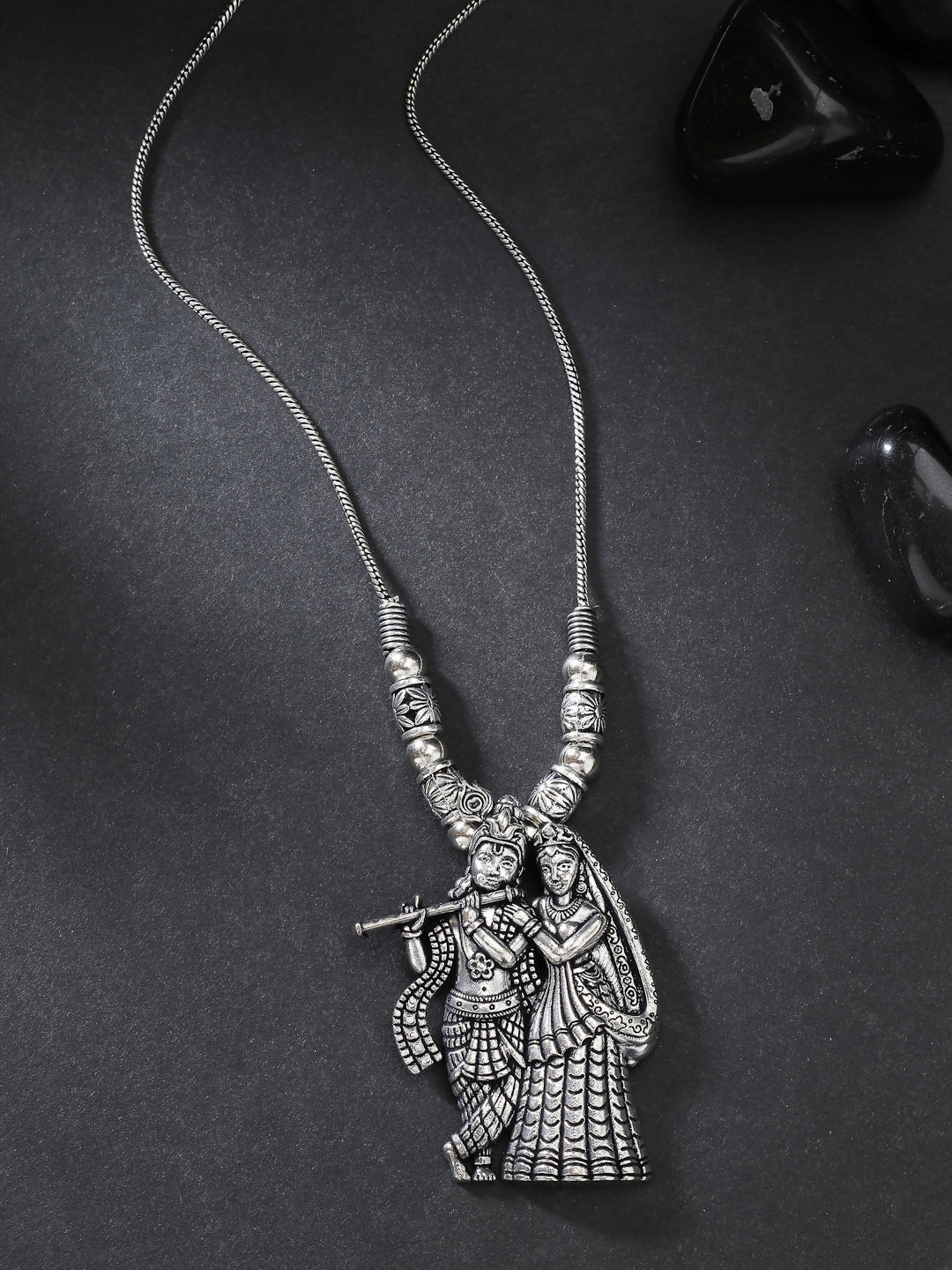 NVR Women's Silver-Toned Radha Krishna Pendant with Chain | Swadesiicart