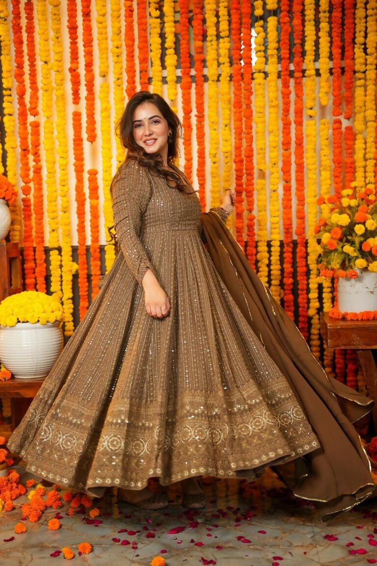 Jyoti Fashion Women's Brown Faux Georgette Zari Embroidery with Sequence Anarkali Dress with Dupatta | Swadesiicart