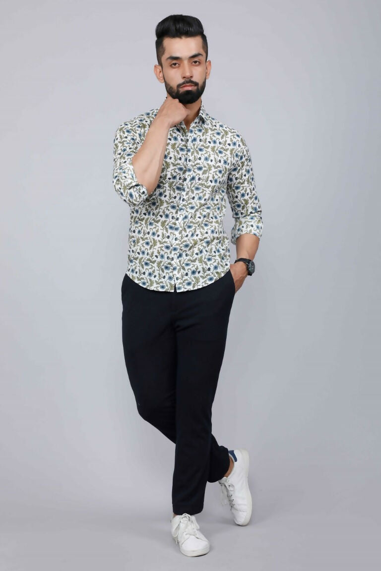 Miravan Men's White & Blue Floral Print Cotton Regular Fit Shirt | Swadesiicart