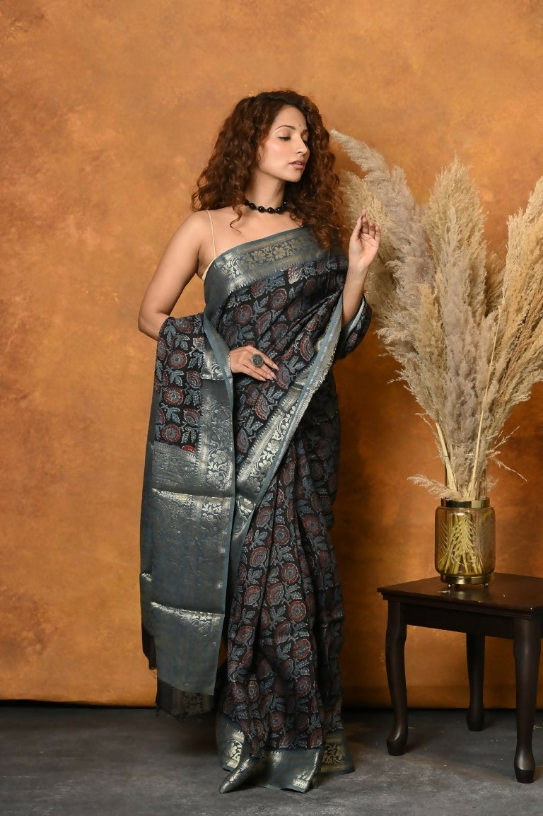 Very Much Indian Modal Silk Ajrakh Handblock Printed Natural Dyes With Designer Border Saree - Blue | Swadesiicart