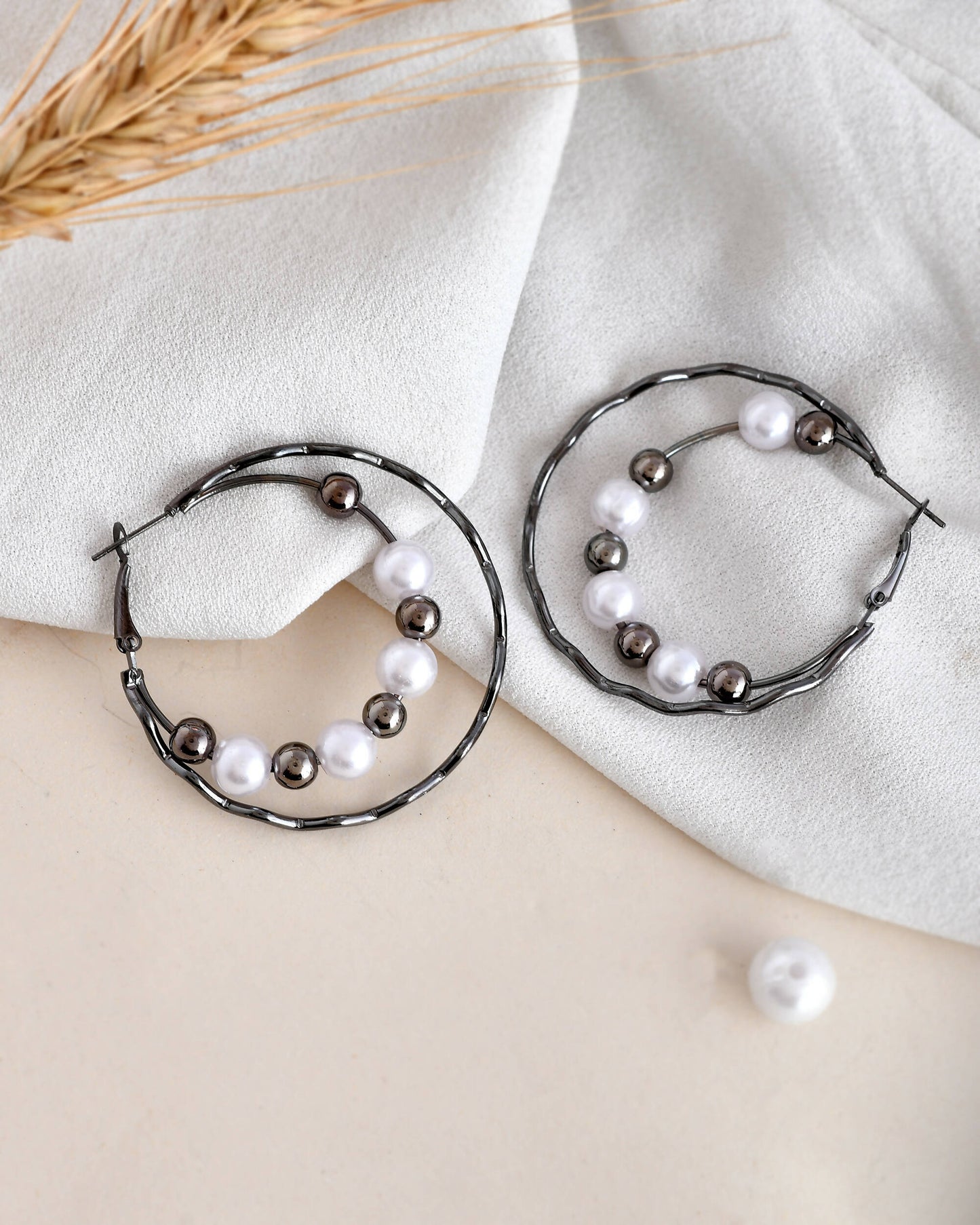 VOJ Women Rhodium-Plated Pearl Stainless Steel Hoop Earrings - Swadesiicart