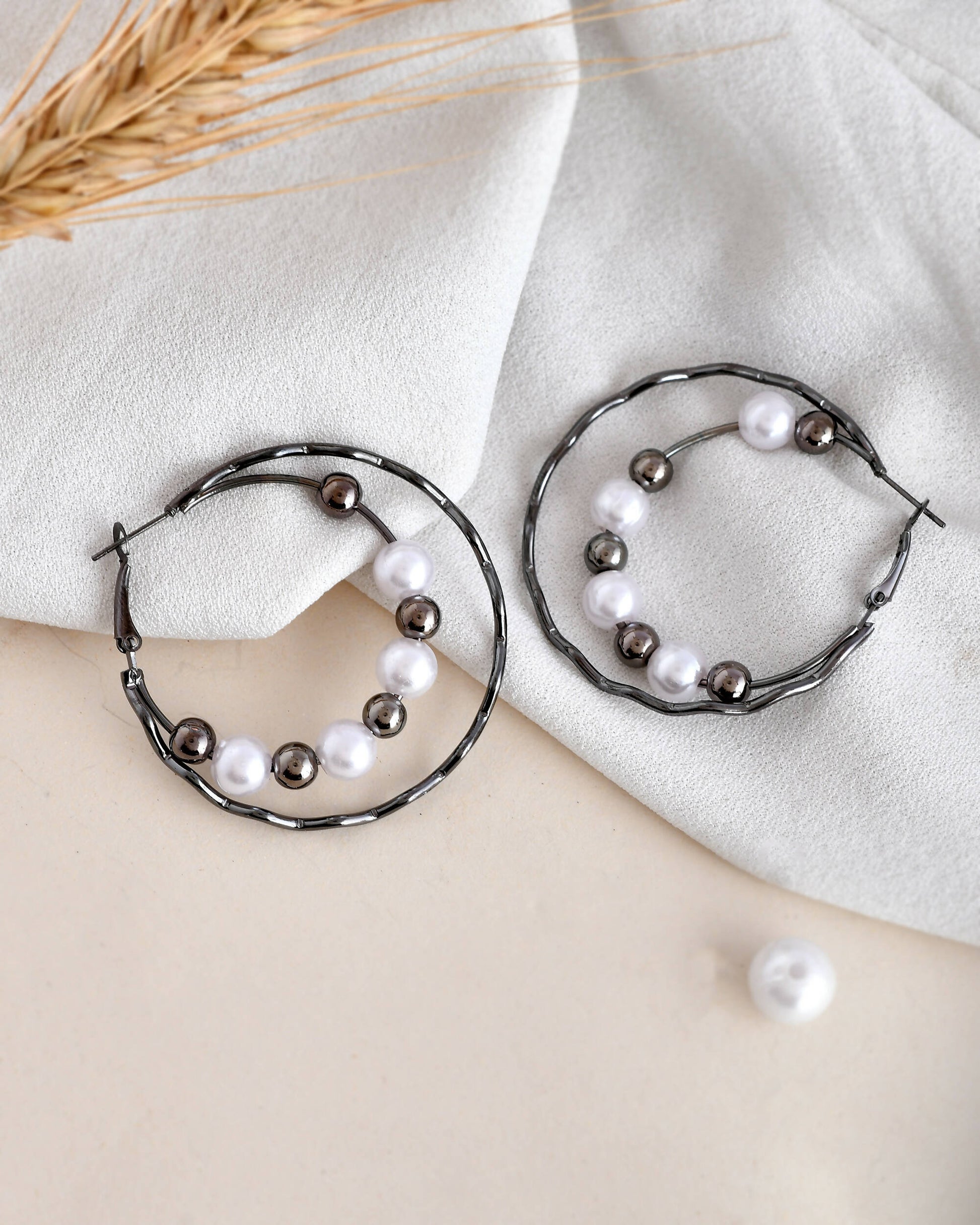 VOJ Women Rhodium-Plated Pearl Stainless Steel Hoop Earrings - Swadesiicart