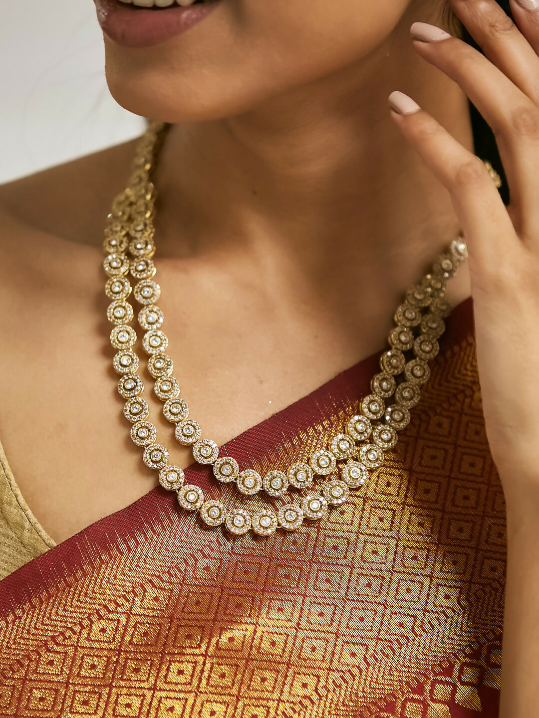 Nuyug 22K Gold-Plated Zircon Studded Enamel Embellished Dual Layered Necklace Set | Swadesiicart