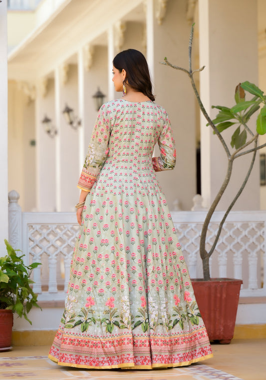 Partywear Designer Pista Dola Silk Anarkali suit with Dupatta - Samyukta - Swadesiicart