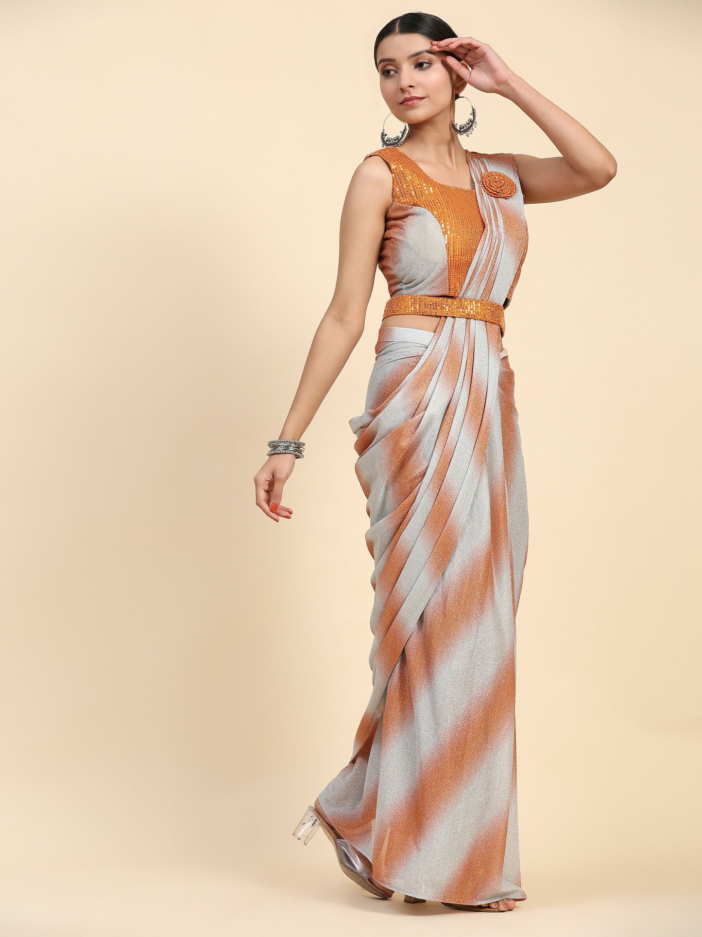 Orange Polyester Solid Ready to Wear Saree with stitched Blouse - Aayan | Swadesiicart