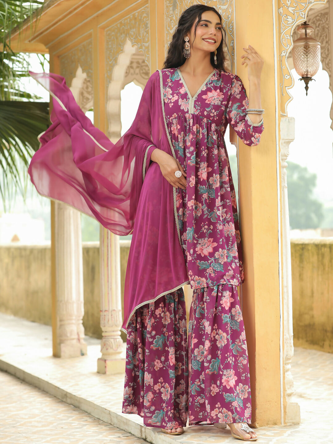 Janasya Purple Georgette Floral Kurta,Bottom & Dupatta | Swadesiicart