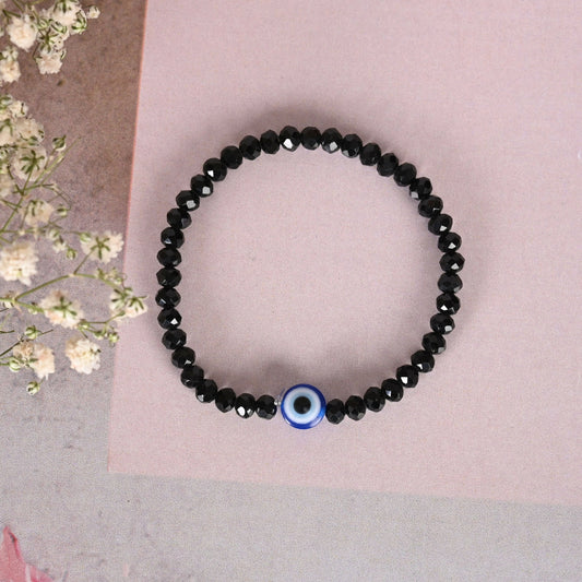 NVR Men & Women Black Evil Eye Crystal Elasticated Bracelet - Swadesiicart