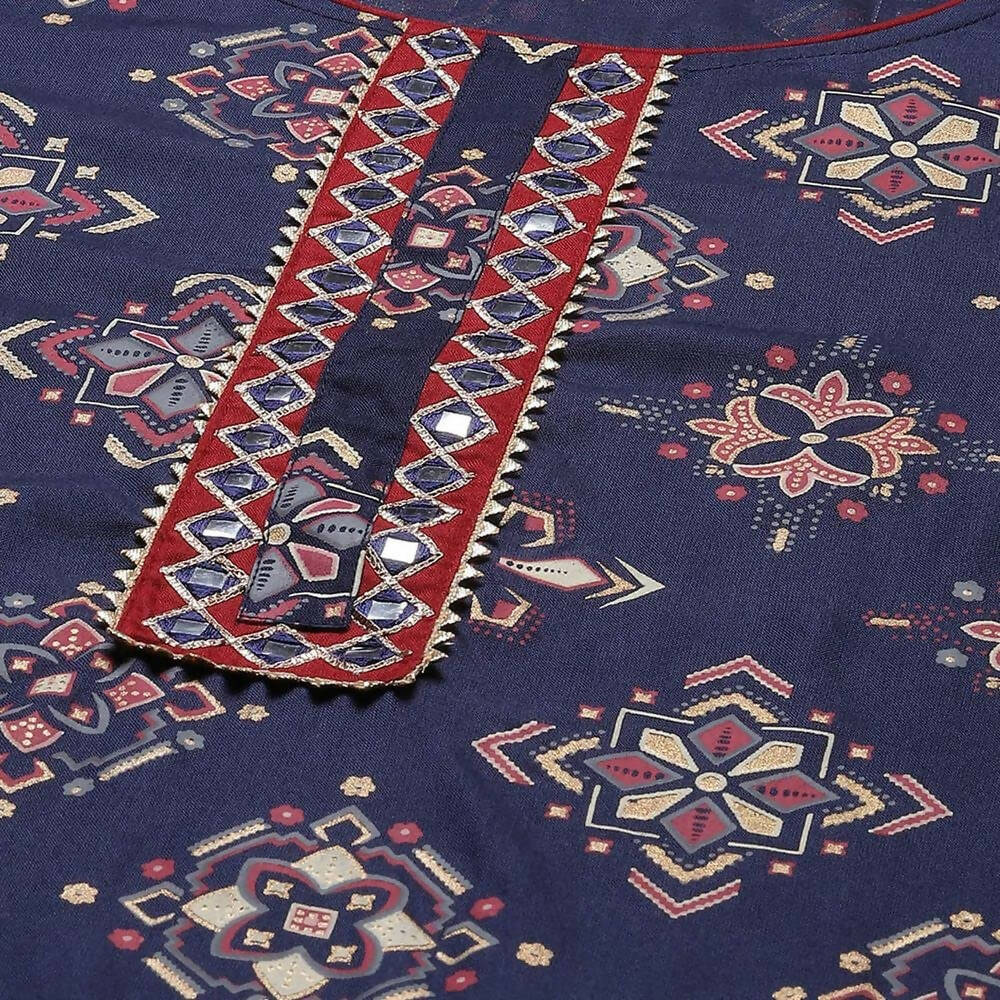 Anubhutee Women's Rayon Ethnic Motifs Printed Regular Gotta Patti Navy Blue Kurta with Trousers | Swadesiicart