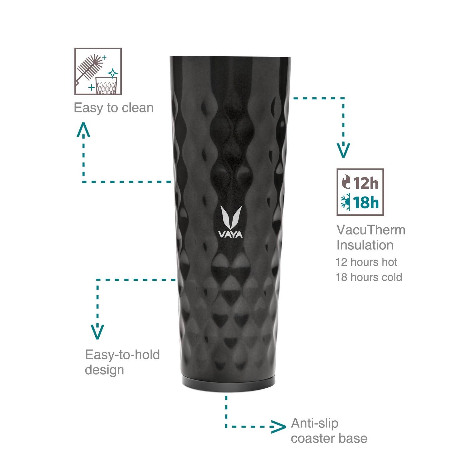 Vaya Drynk Stainless Steel Water Bottle Tumbler for Office - 600ml (Black) | Swadesiicart