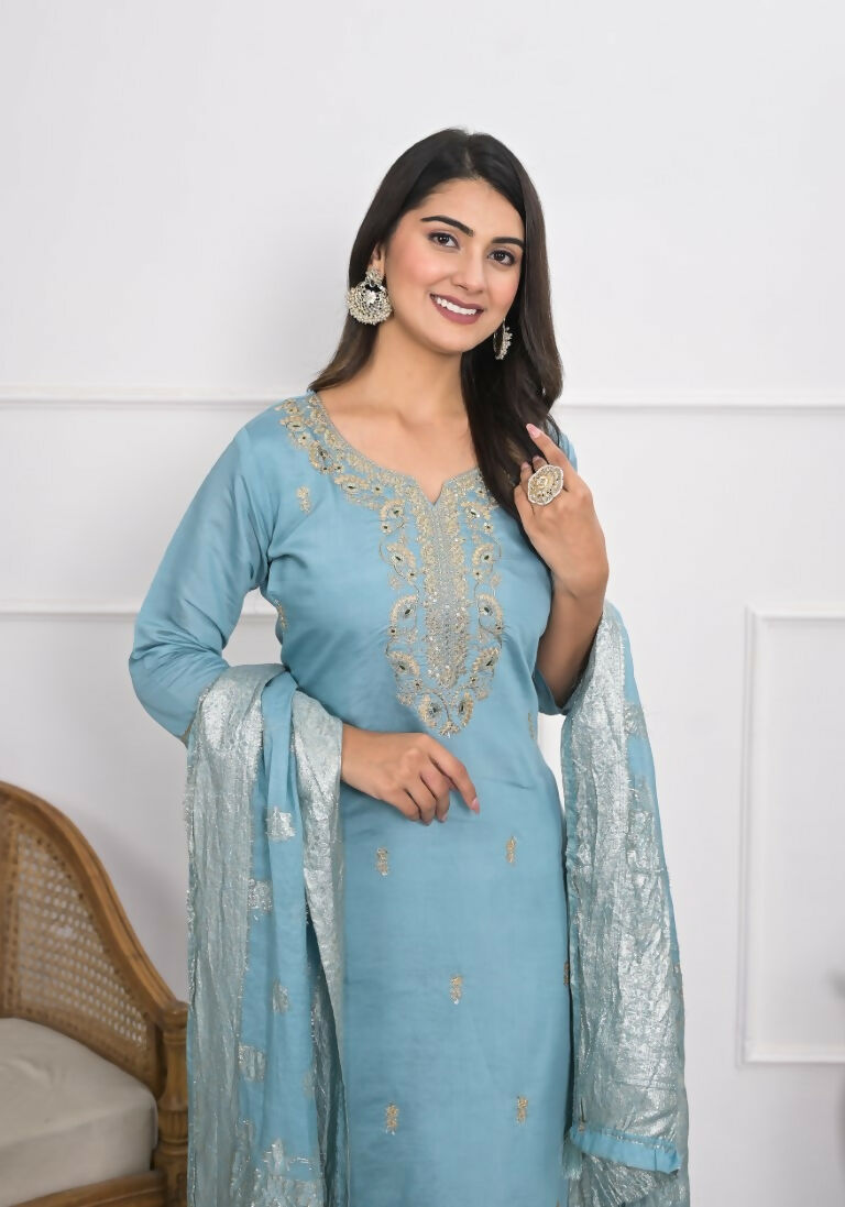 Lavender Viscose Silk Embroidery with Thread and sequence Stitched Suit With Dupatta - Tanisha | Swadesiicart