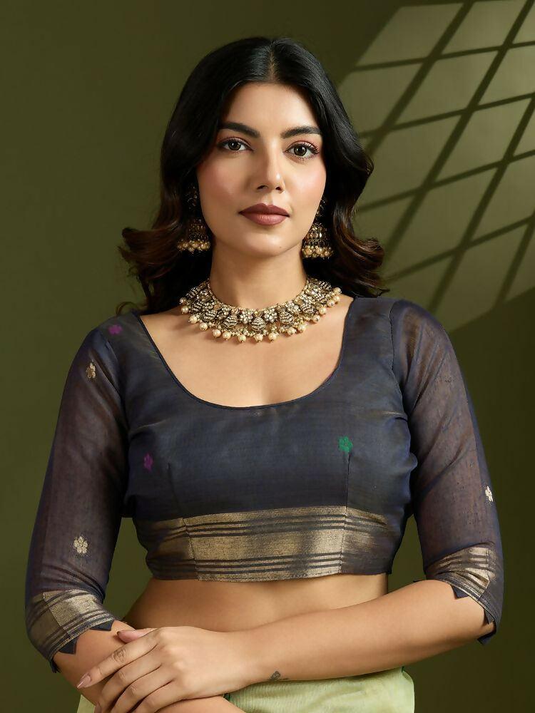 Vishnu Weaves Women's Pista Muga Cotton Thread Woven Butti with Blouse - Swadesiicart