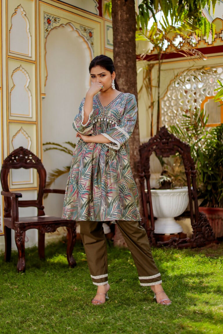 Vaasva Women Olive Green Muslin Floral Print Alia cut Kurta & Pant (Cord set) - Swadesiicart