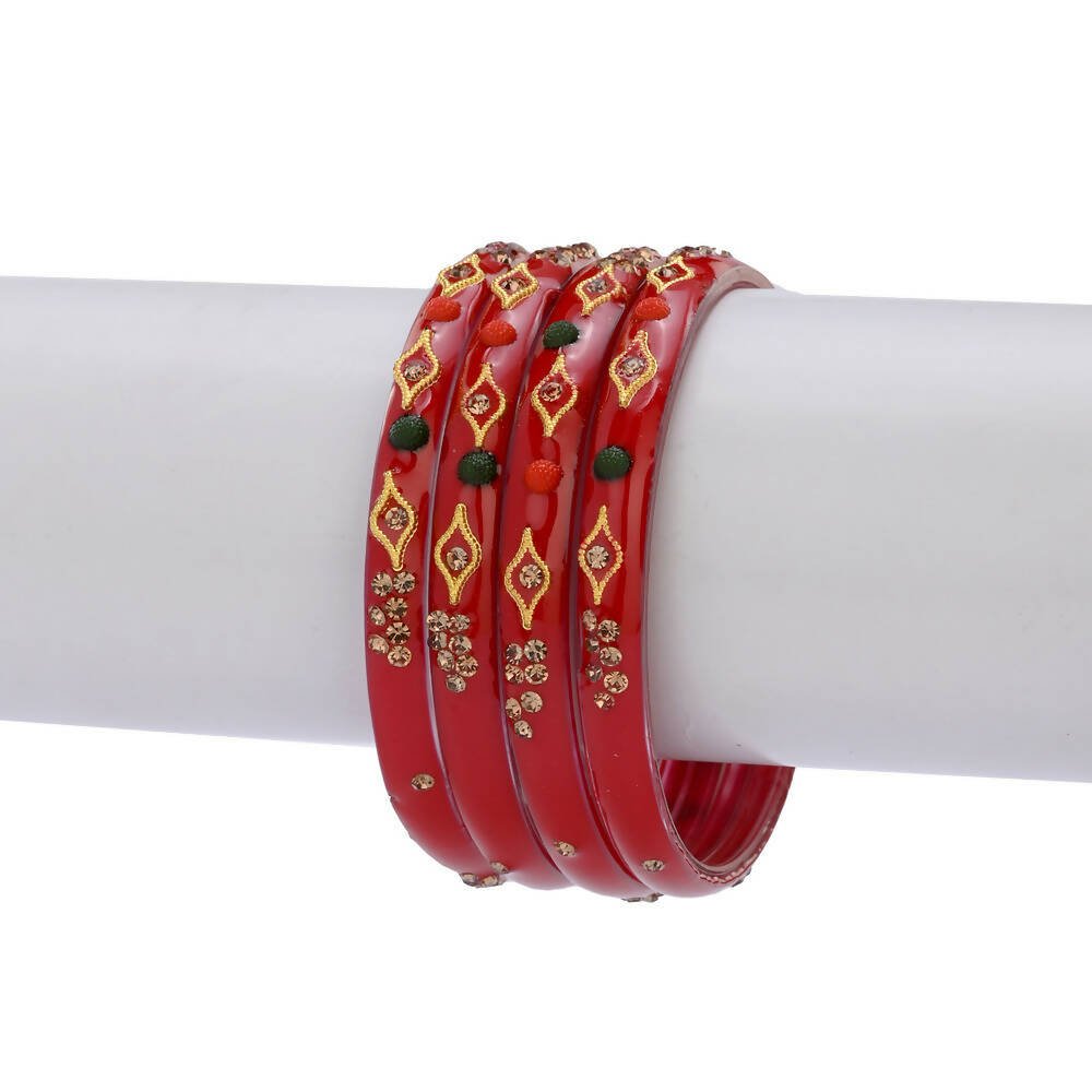 Afast Designer Fancy Party Bangle/ Kada Set, Red, Glass, Pack Of 4 - Swadesiicart