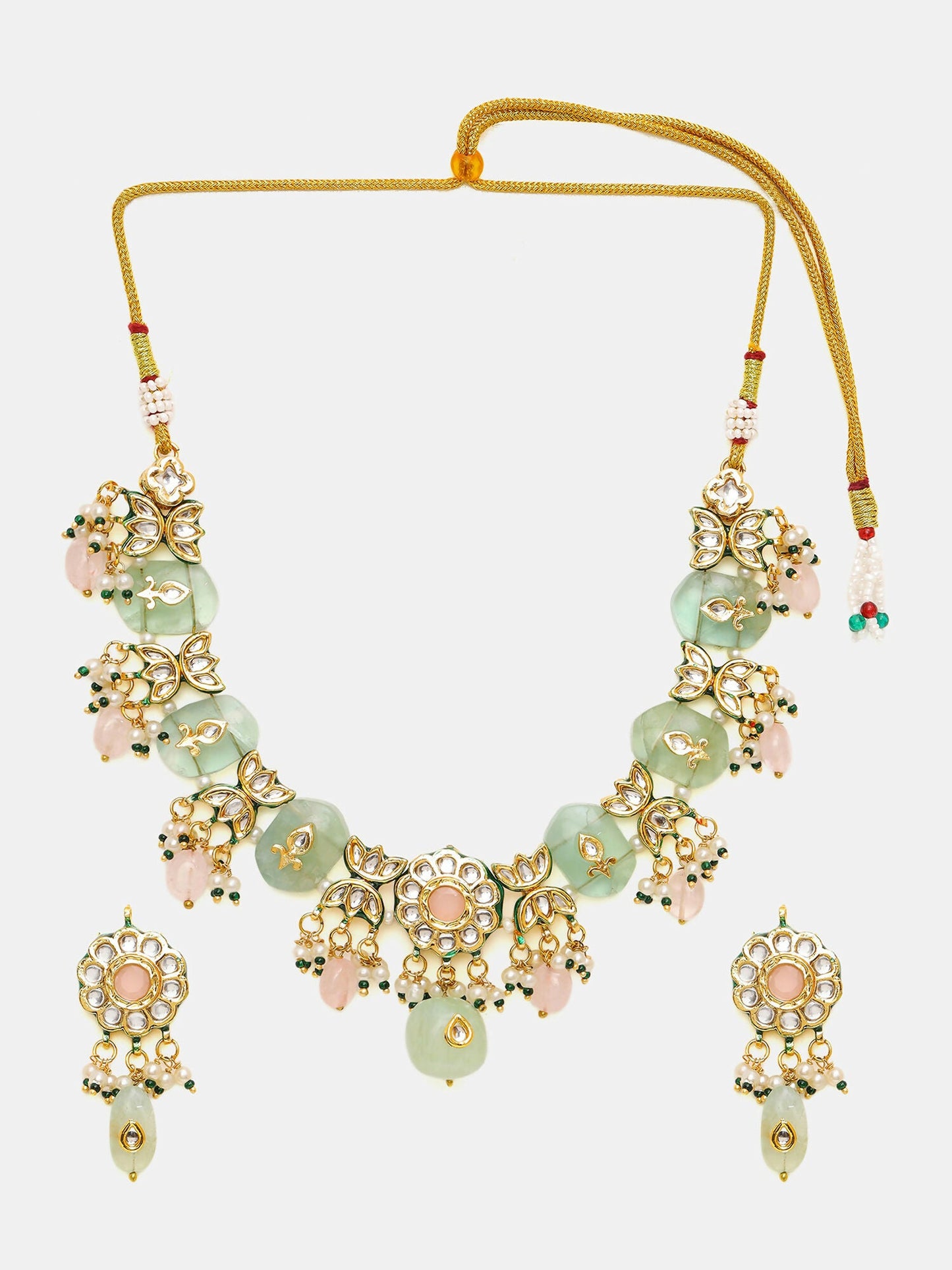 Ruby Raang Gold Polished Green Kundan And Mint Colored Stonework Necklace With Matching Earrings | Swadesiicart