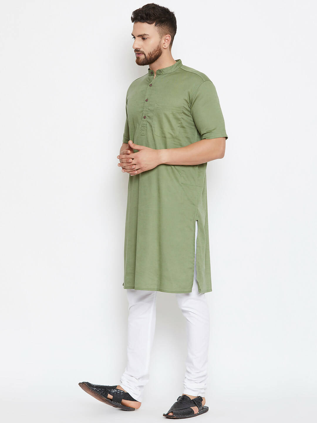 Even Apparels Green Color Pure Cotton Men's Kurta With Band Collar | Swadesiicart