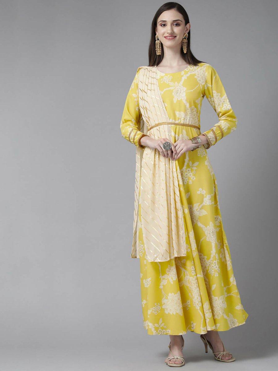 Ahalyaa Womens Lemmon Yellow Crepe Digital Printed Drapped Dress | Swadesiicart