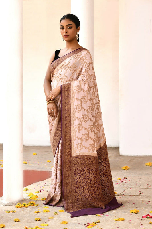 Joban Fashion Ivory Crepe Chiffon Pure Handloom Banarasi Silk Saree | Swadesiicart
