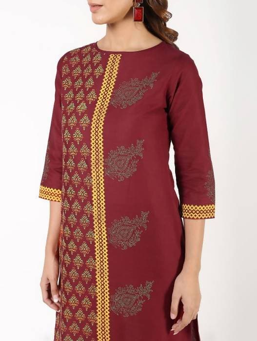 Aniyah Cotton Block Printed Maroon Straight Kurta (AN-141K) - Swadesiicart