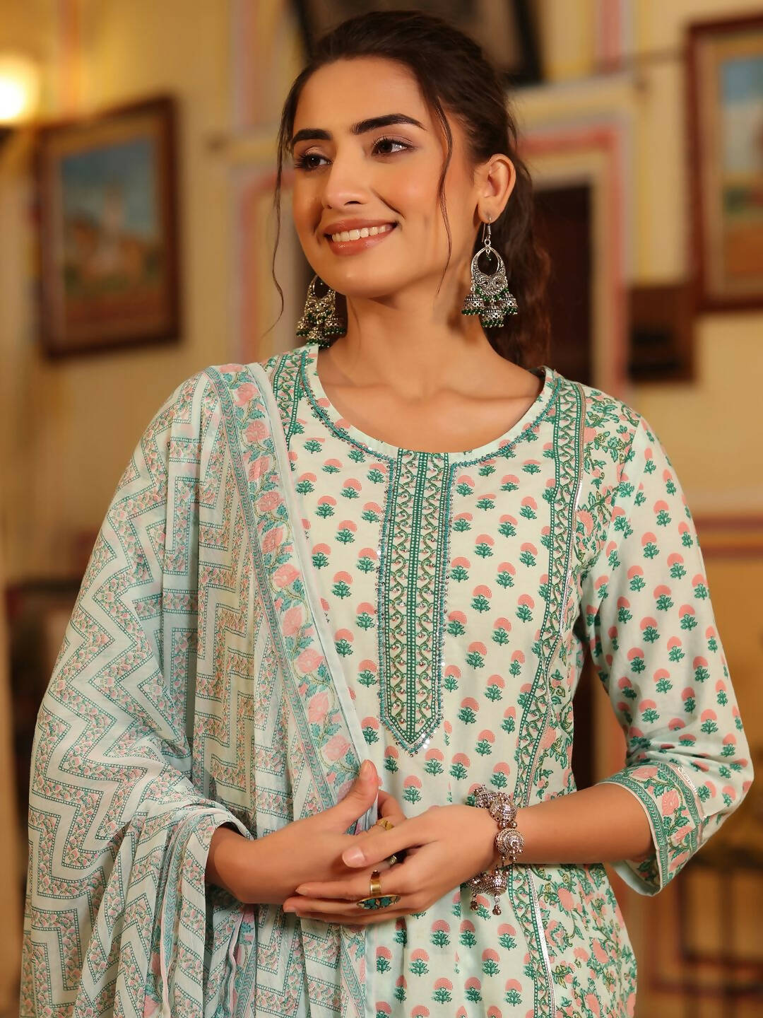Juniper Women's Seagreen Cambric Floral Printed Kurta Palazzo Set | Swadesiicart