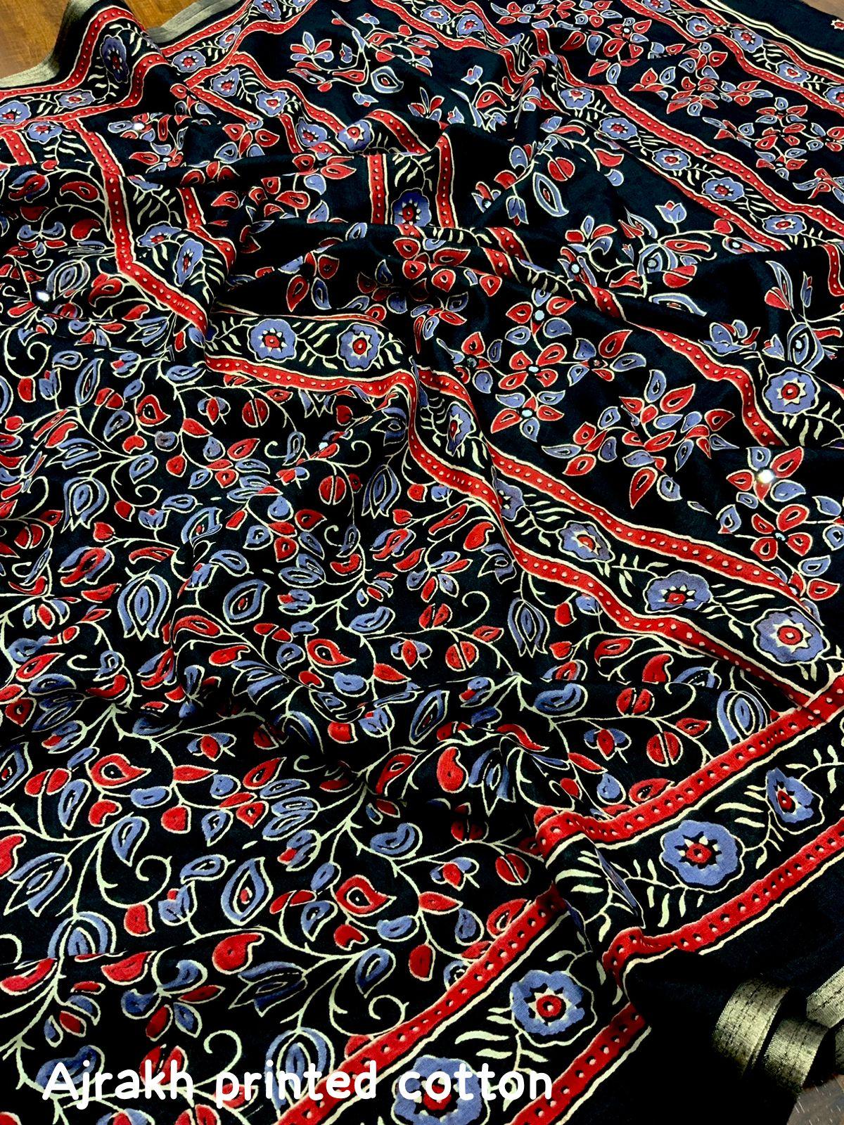 Black Cotton Blend Ajrak Saree with Unstitched Blouse - Hiral Fashion | Swadesiicart