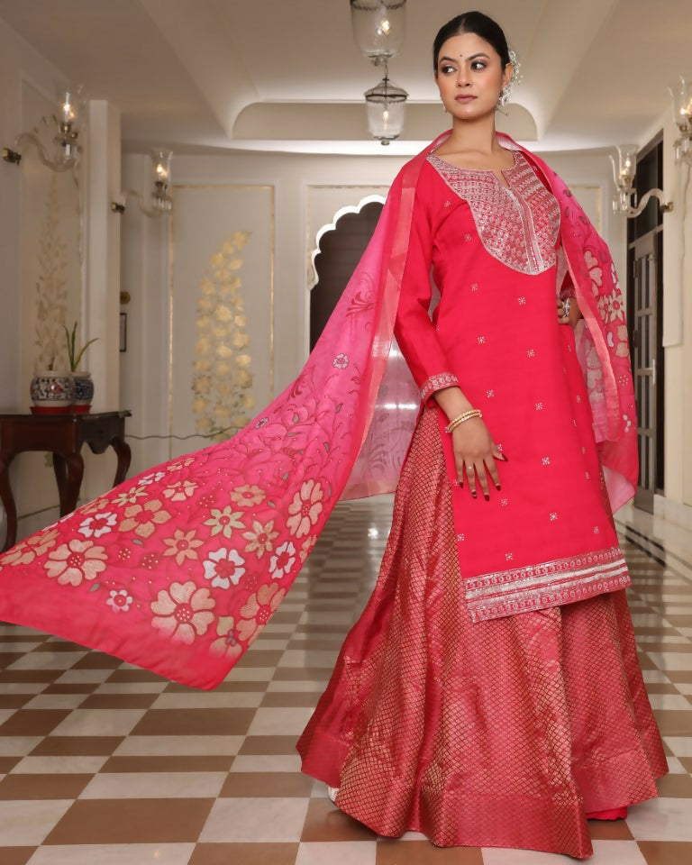 Jyoti Fashion Women's Pink Cotton Silk Floral Print with Embroidered Kurta Set | Swadesiicart