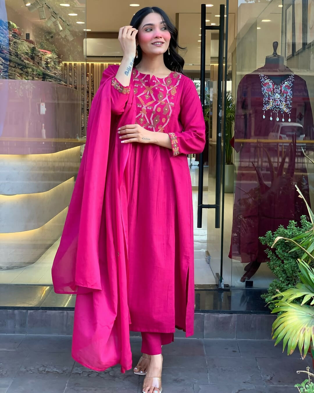The52 Pink Women's Gorgeous Chanderi Fabric Embroidered Work Straight Kurta Pant and Dupatta Set - Swadesiicart