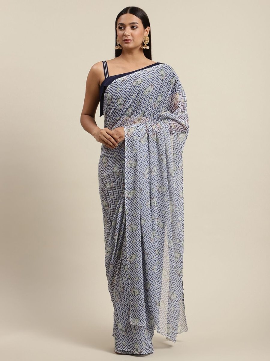Ahalyaa Women's Navy Blue Chiffon Digital Print Chevron Saree | Swadesiicart