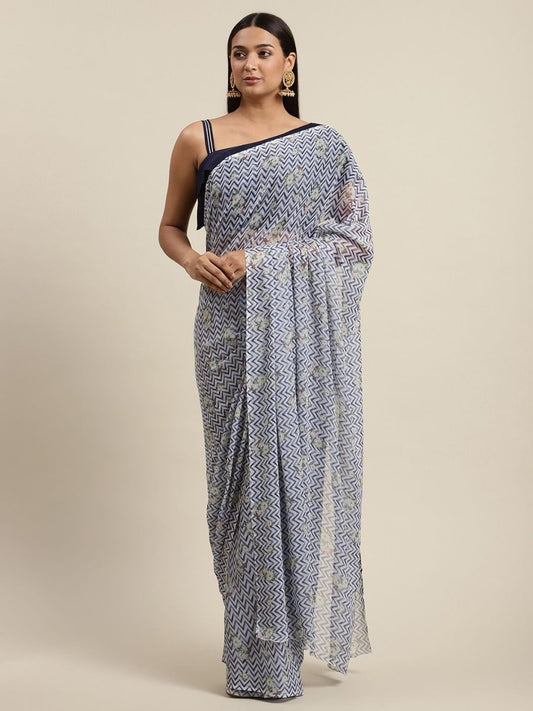Ahalyaa Women's Navy Blue Chiffon Digital Print Chevron Saree | Swadesiicart