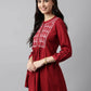 Red Rayon Yoke Embroidered A-line Top - Tarini - Swadesiicart