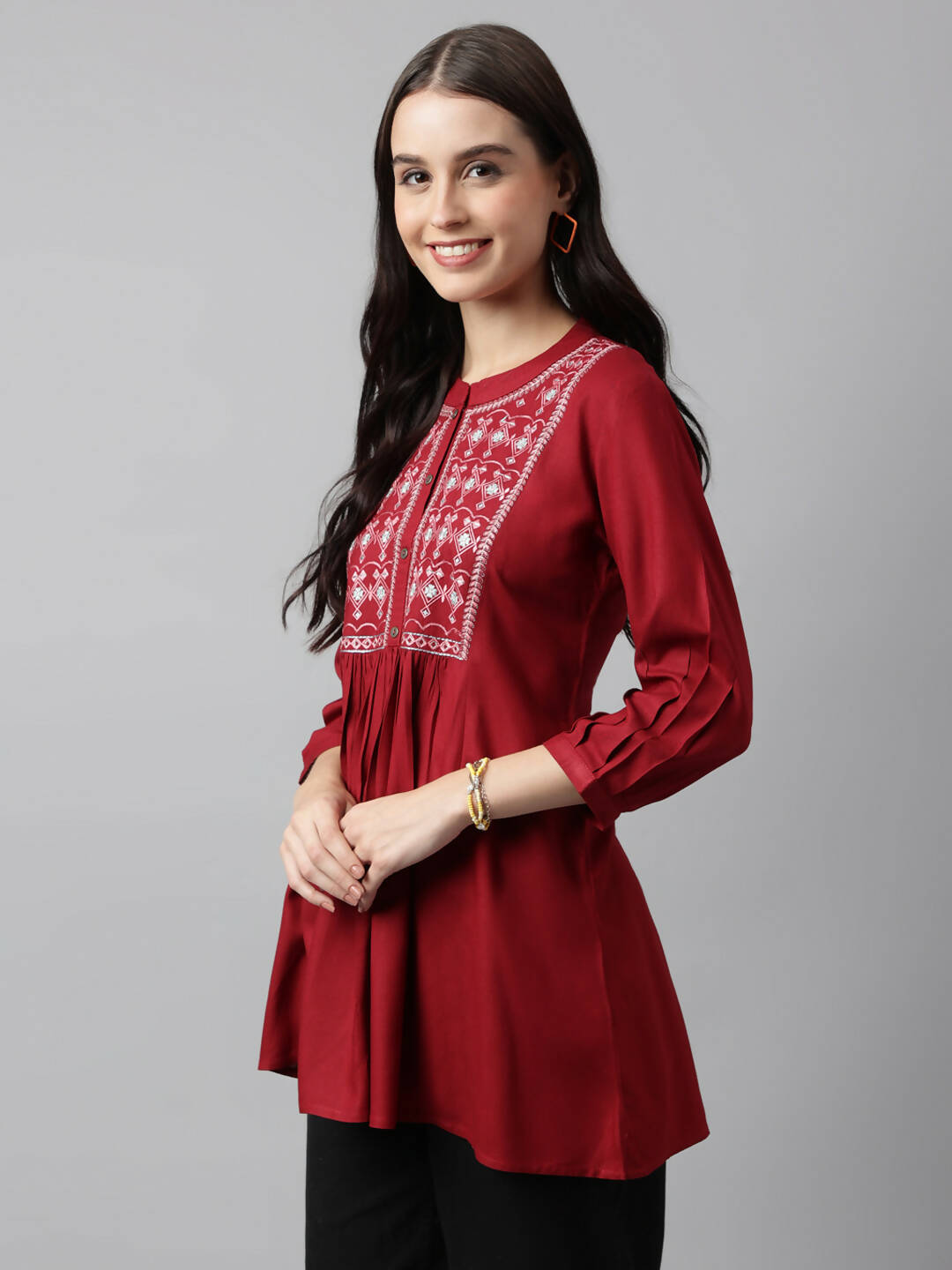 Red Rayon Yoke Embroidered A-line Top - Tarini - Swadesiicart