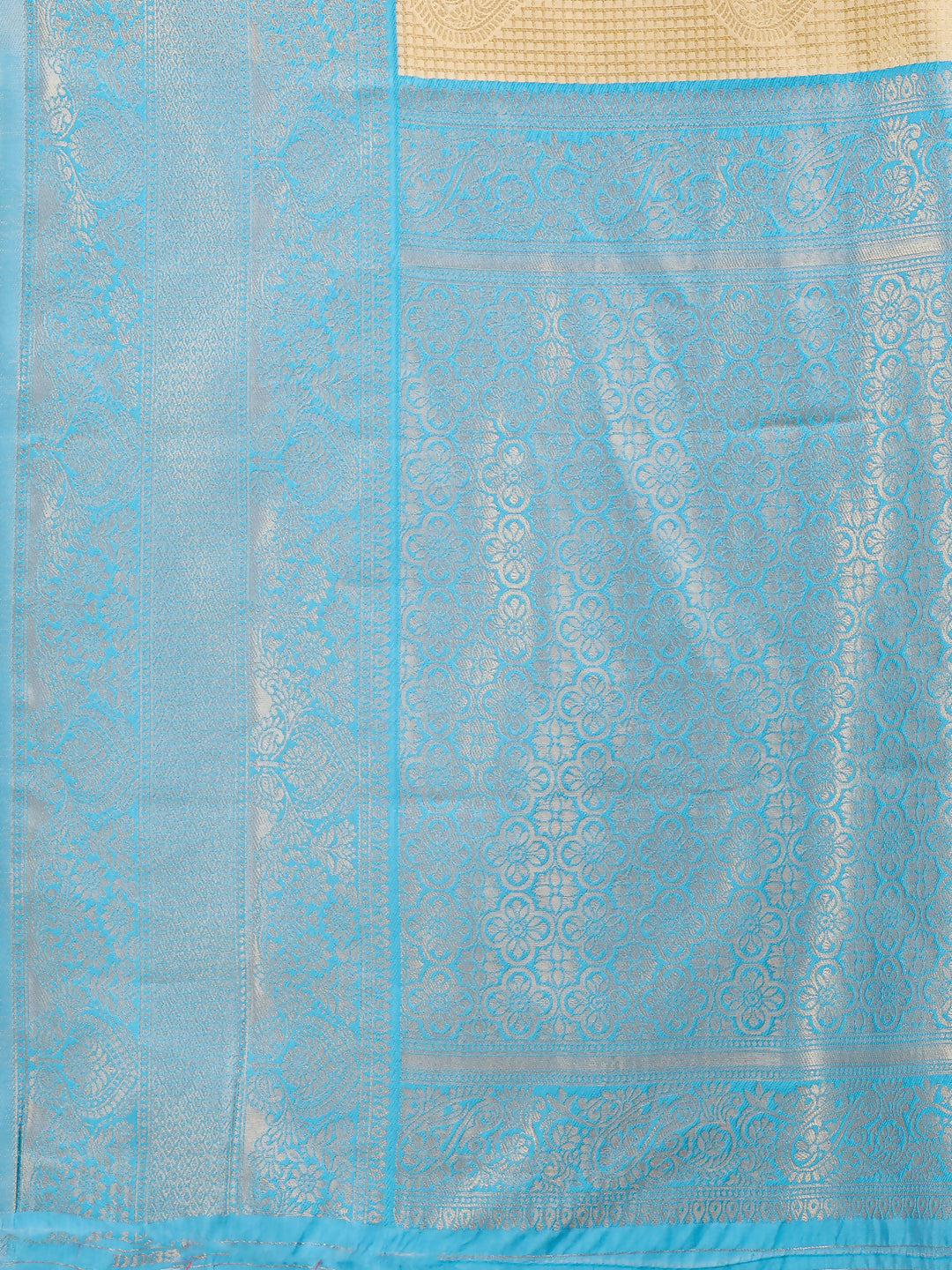 Astita Aura Silk Cream Sky Blue Banarasi Silk Saree | Swadesiicart