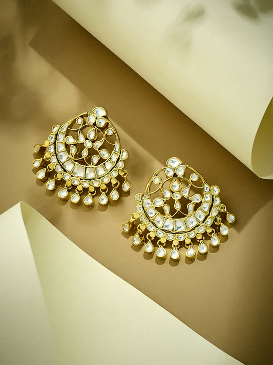 Nuyug 22K Gold-Plated Kundan Stone Studded & Pearl Beaded Moon Chandbalis | Swadesiicart