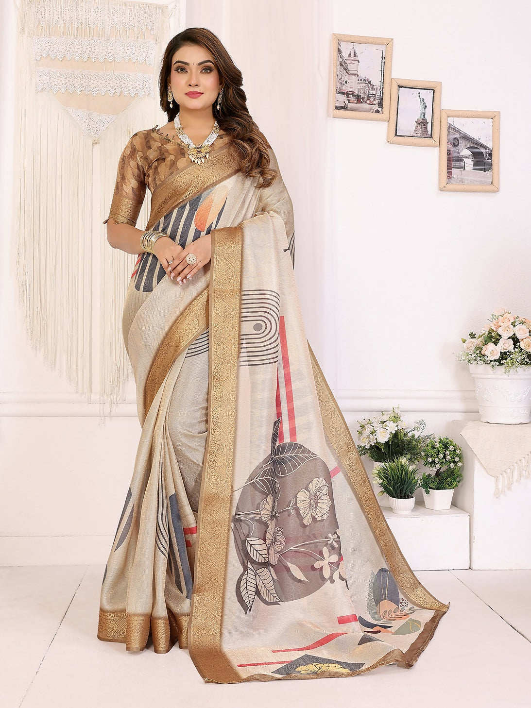 Joban Fashion Beige Art Print pattern Banarasi Silk Sarees | Swadesiicart